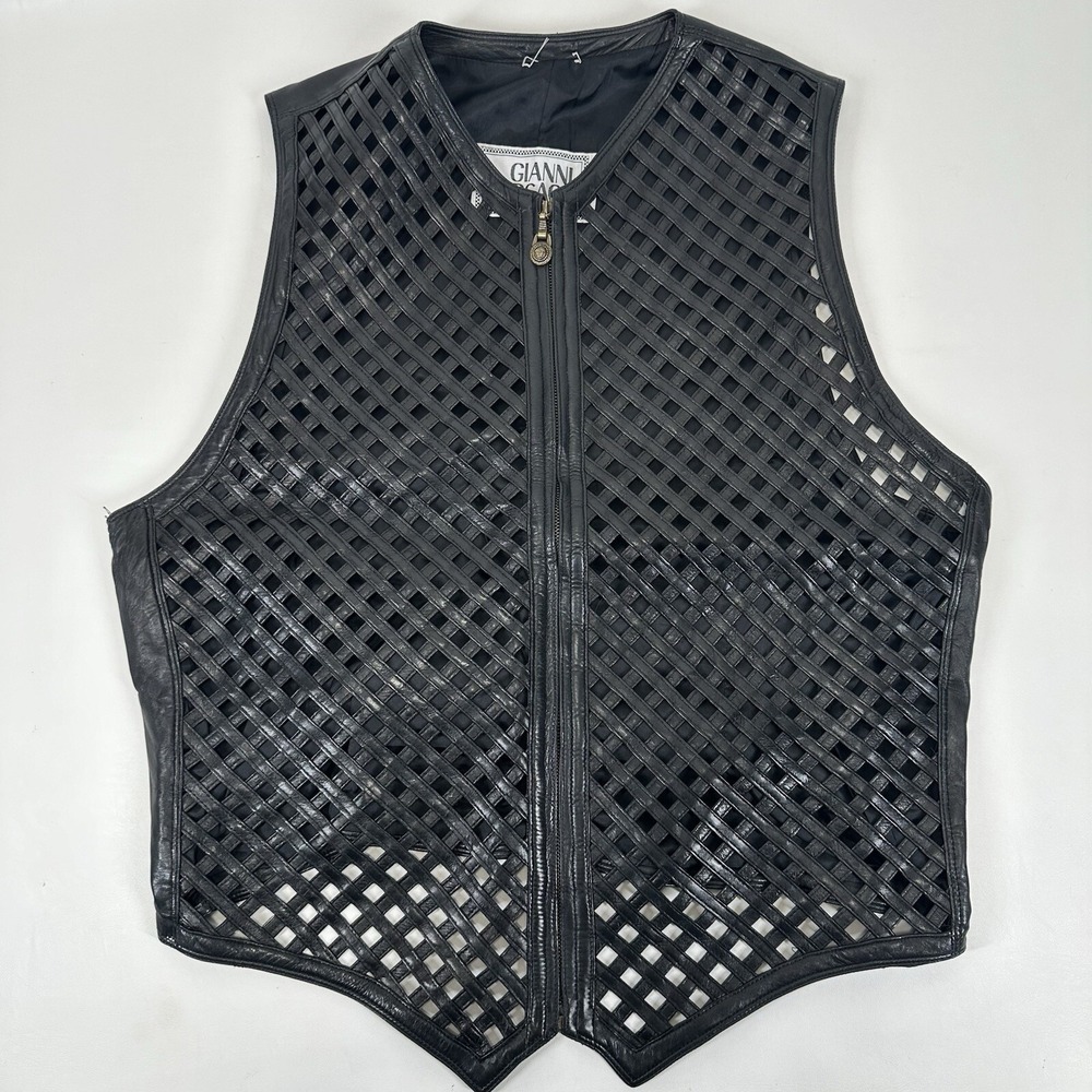 GIANNI VERSACE black leather‎ vest w/ an open lattice feature in front 46" Chest